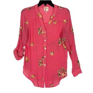 Nwot Fig & Flower Blouse PM Pink Floral Embroidery Roll Tab Long Sleeve Boho